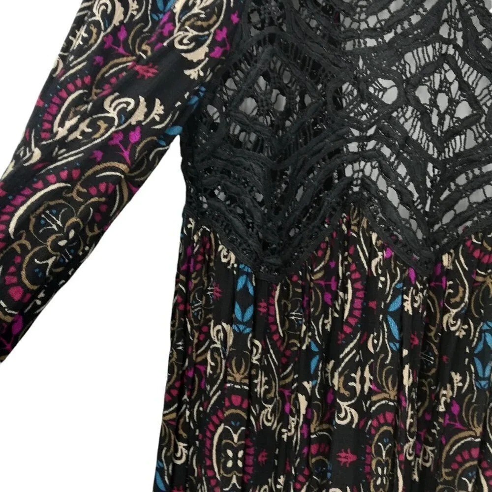 Free People Boho Lace Tunic Mini Dress Size XS Sheer Open Back Long Sleeve Black